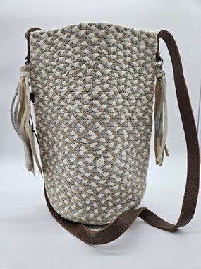 NWT Indaba Handwoven Cotton Bucket Bag Cream Tan Leather Crossbody Boho Bag